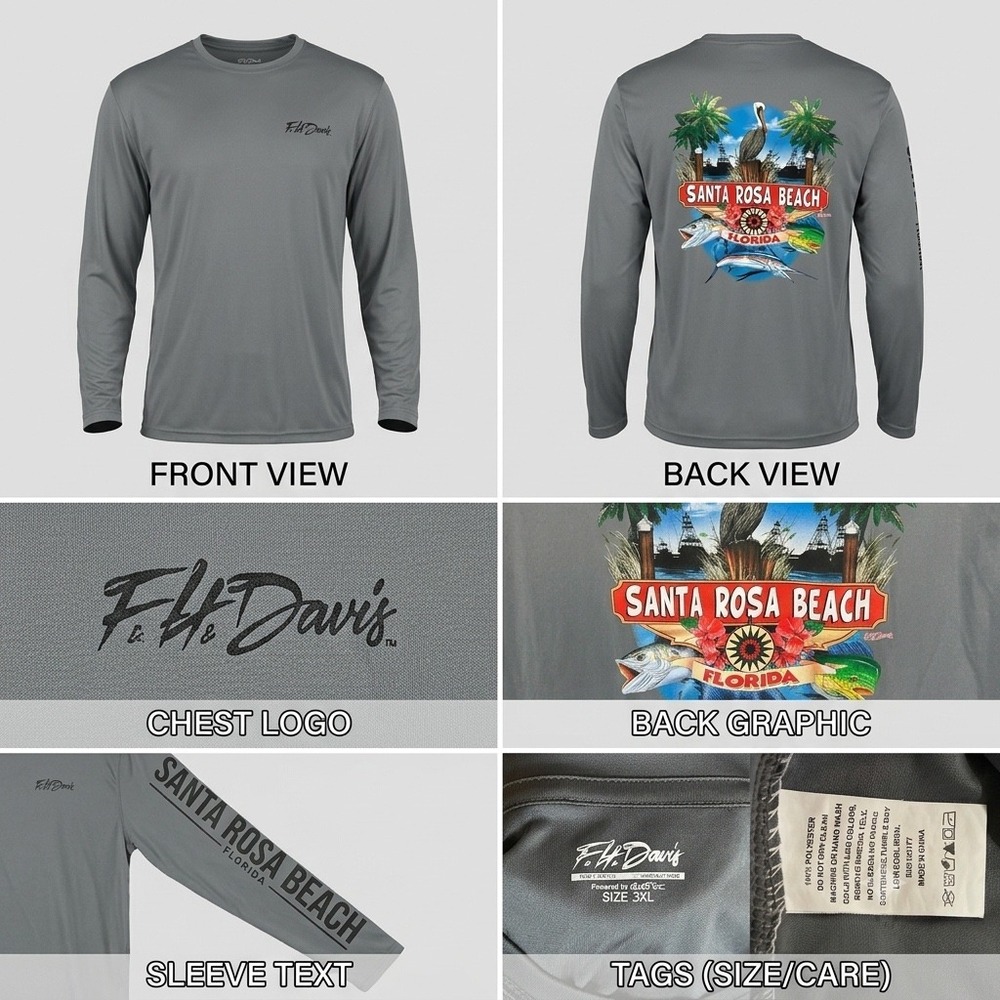 F.H. Davis Santa Rosa Beach Florida Fishing Shirt Gray Long Sleeve Men 3XL *READ